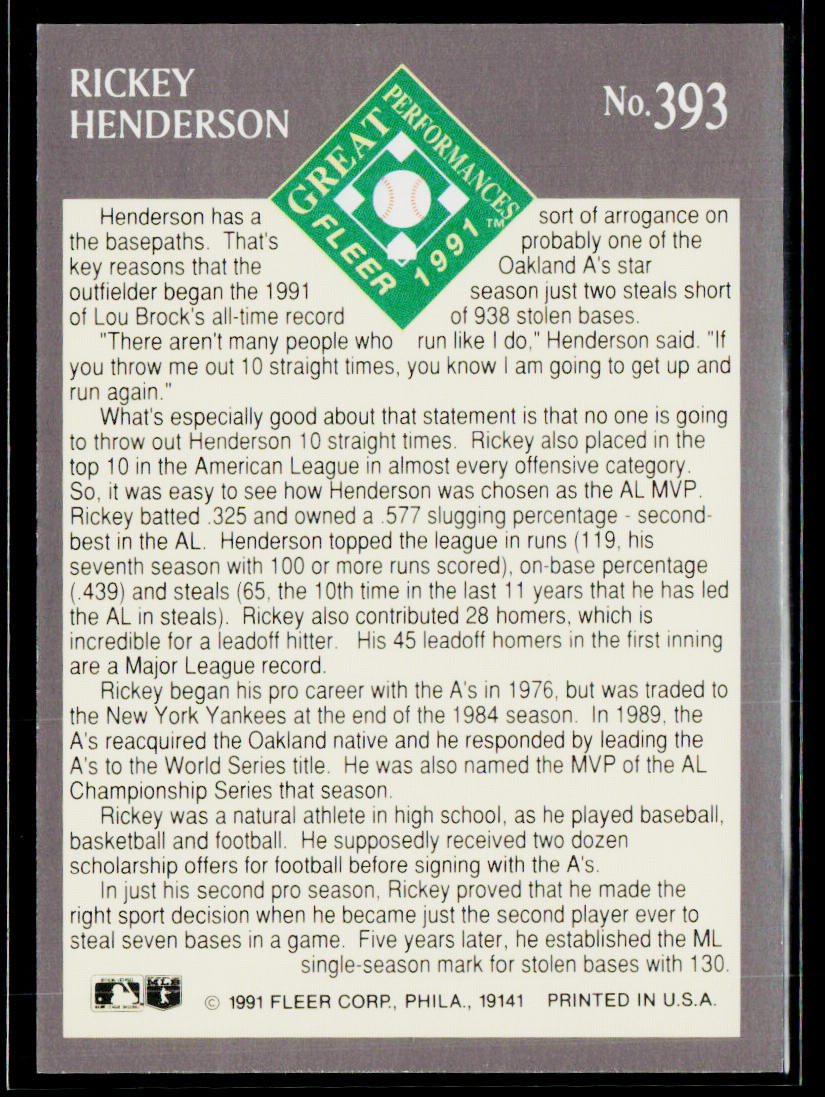 Rickey Henderson 1991 Ultra #393 Oakland Athletics