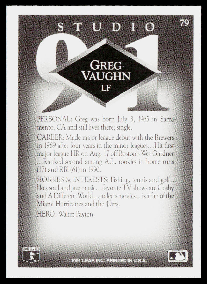 Greg Vaughn 1991 Studio #79 Milwaukee Brewers
