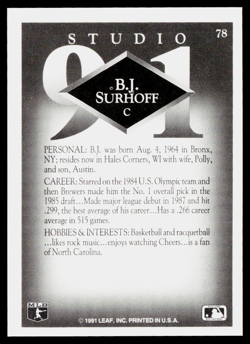 B.J. Surhoff 1991 Studio #78 Milwaukee Brewers