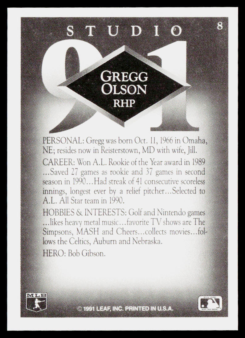 Gregg Olson 1991 Studio #8 Baltimore Orioles