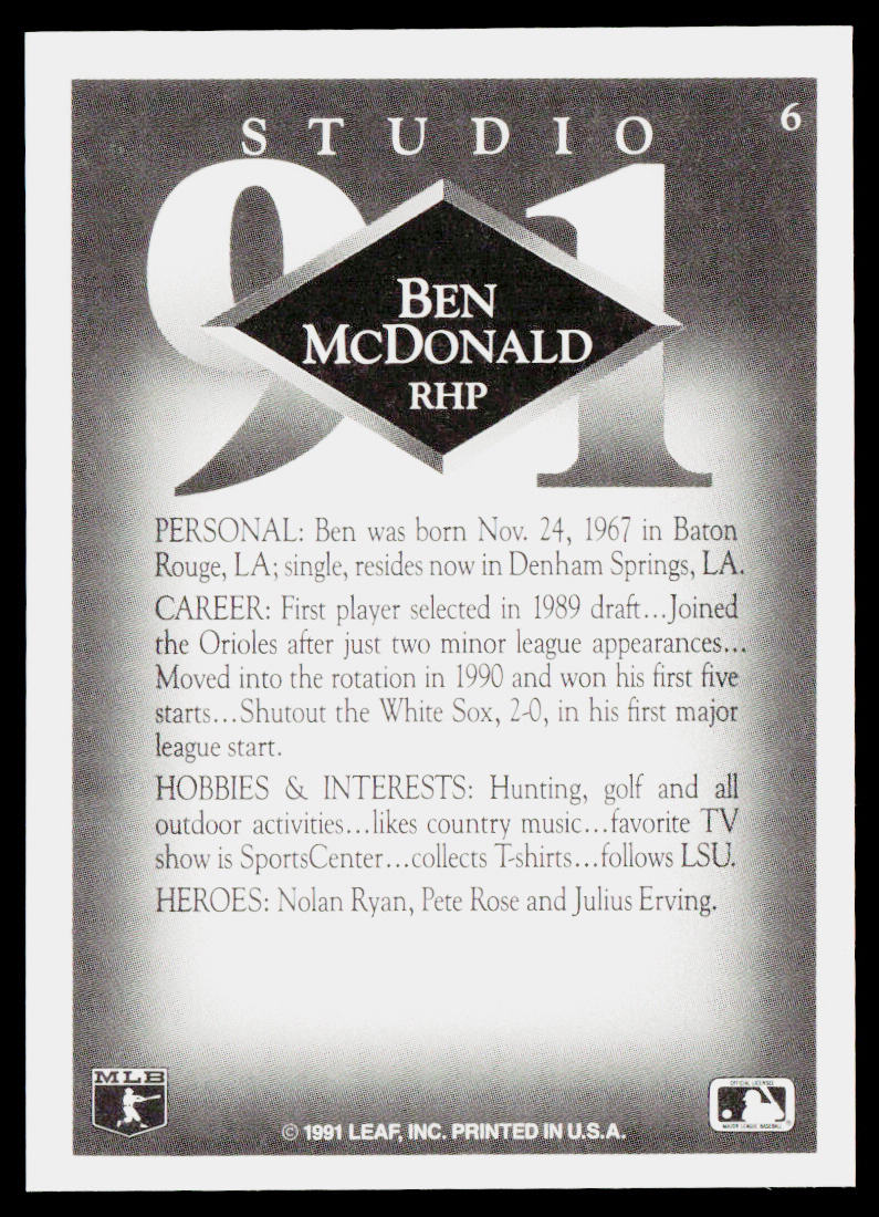 Ben McDonald 1991 Studio #6 Baltimore Orioles