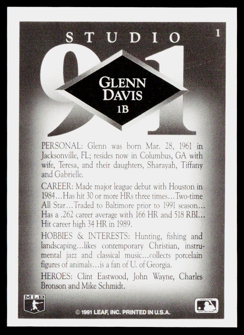 Glenn Davis 1991 Studio #1 Baltimore Orioles