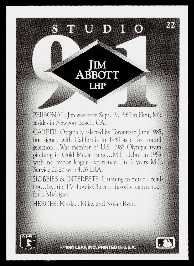 Jim Abbott 1991 Studio #22 California Angels