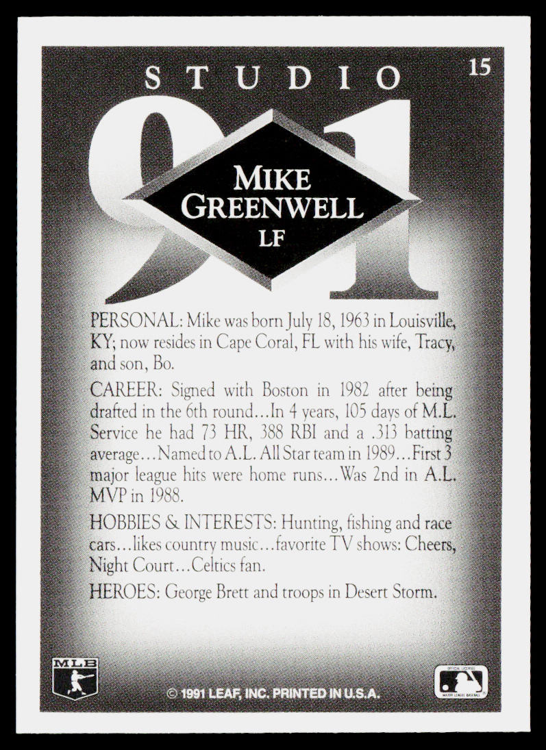 Mike Greenwell 1991 Studio #15 Boston Red Sox