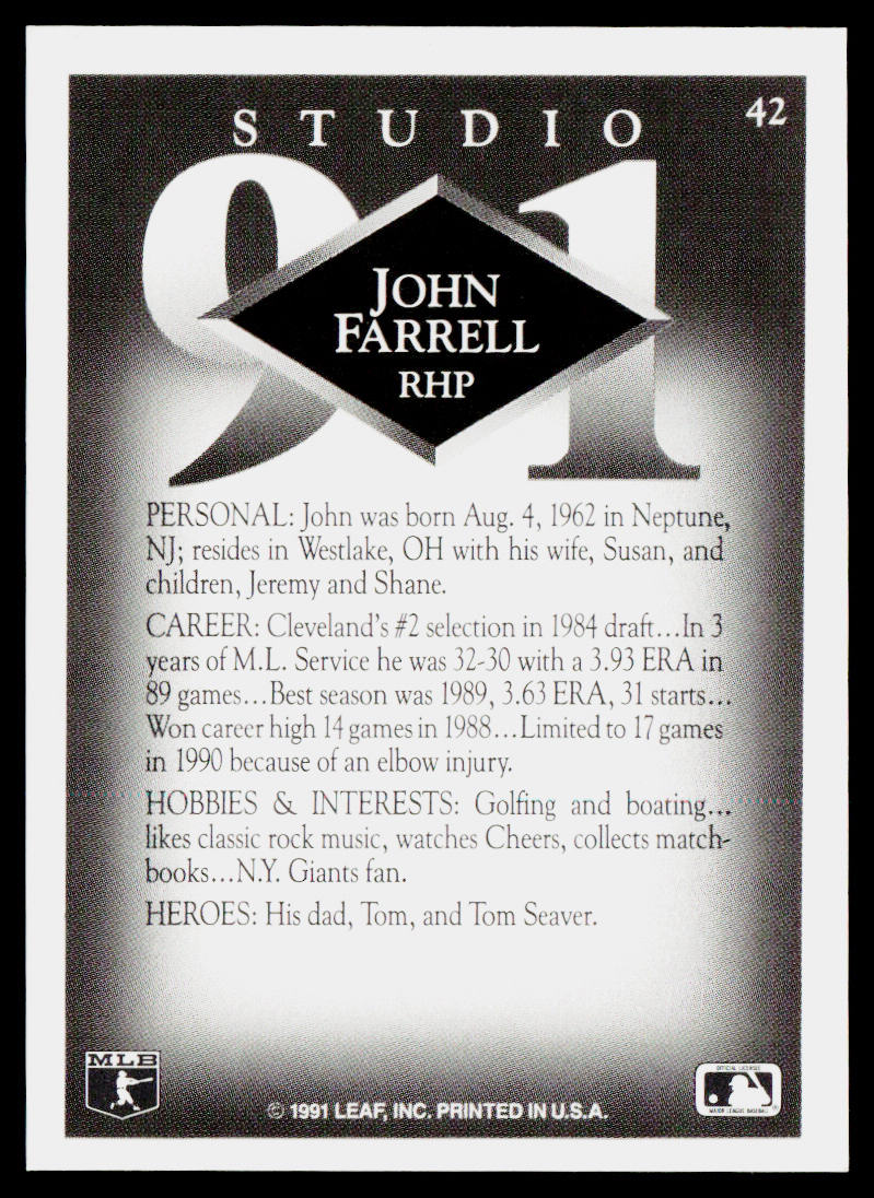 John Farrell 1991 Studio #42 Cleveland Indians