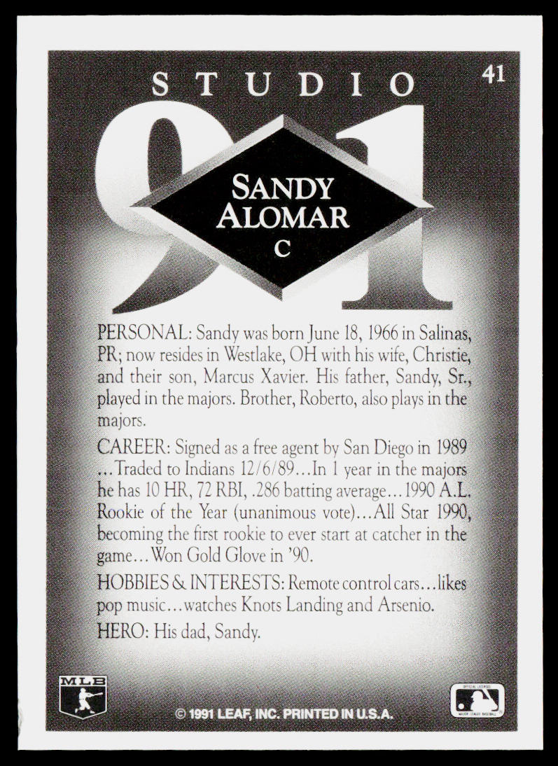 Sandy Alomar 1991 Studio #41 Cleveland Indians