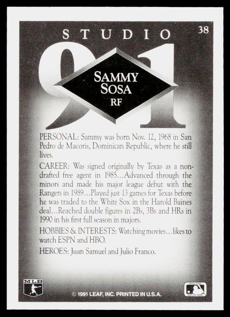 Sammy Sosa 1991 Studio #38 Chicago White Sox