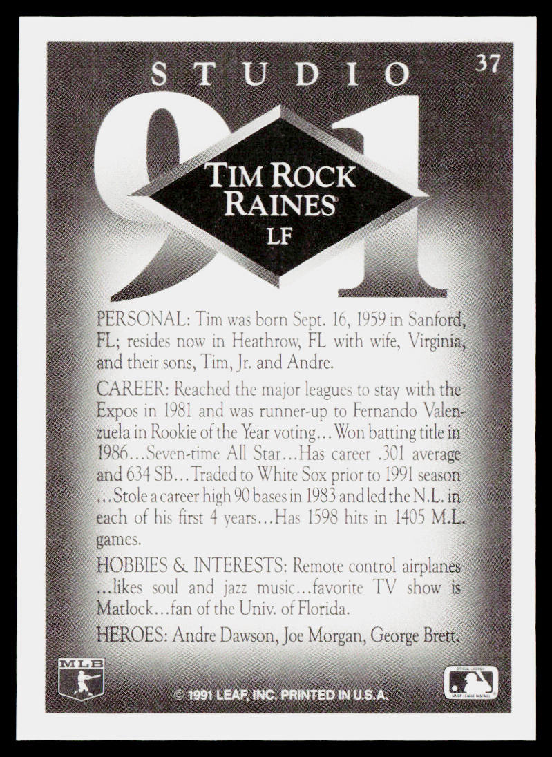 Tim Rock Raines 1991 Studio #37 Chicago White Sox