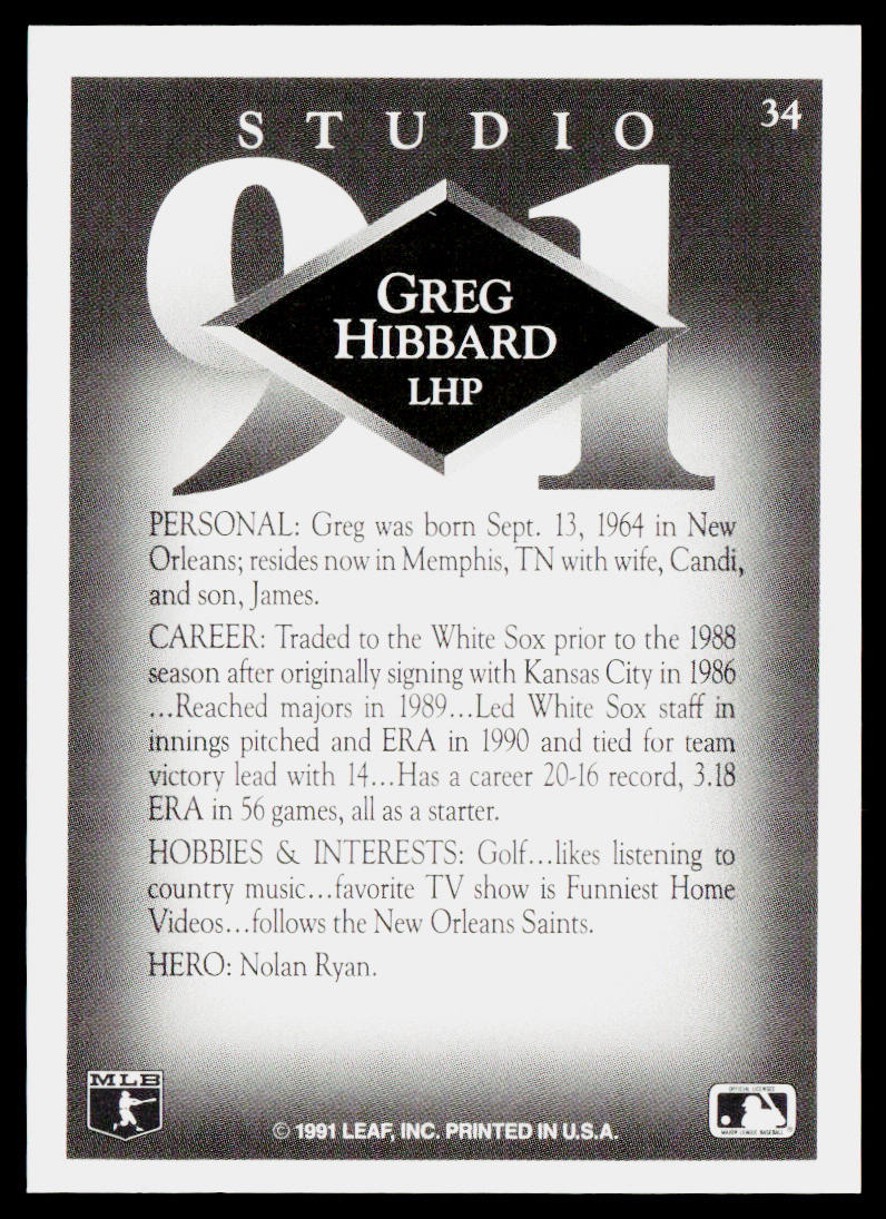 Greg Hibbard 1991 Studio #34 Chicago White Sox