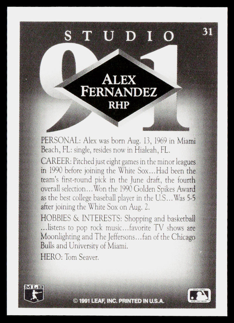 Alex Fernandez 1991 Studio #31 Chicago White Sox