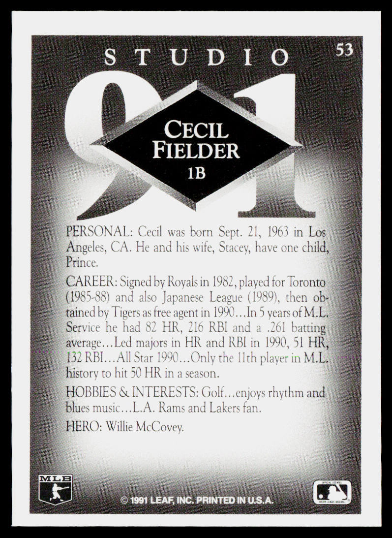Cecil Fielder 1991 Studio #53 Detroit Tigers