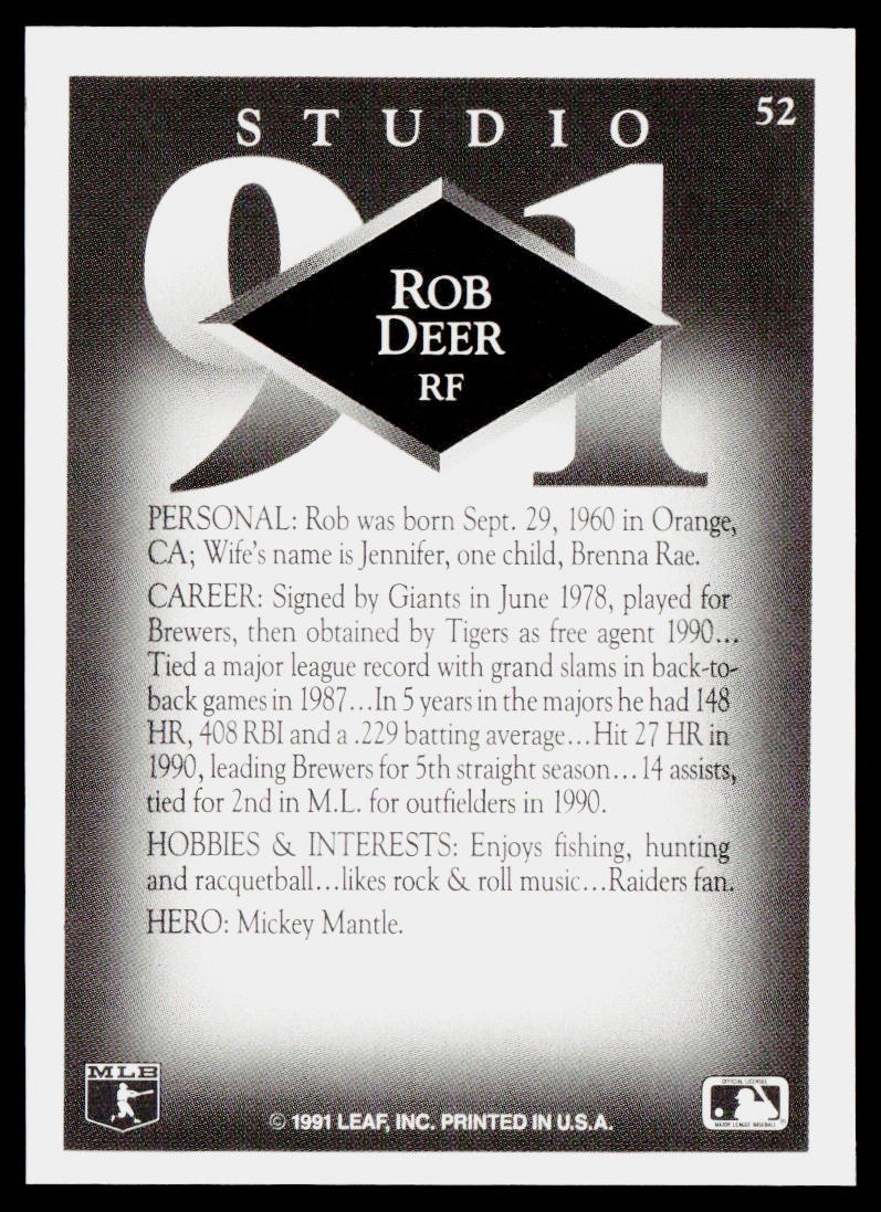 Rob Deer 1991 Studio #52 Detroit Tigers