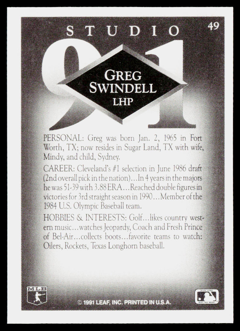Greg Swindell 1991 Studio #49 Cleveland Indians