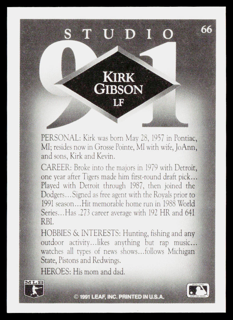 Kirk Gibson 1991 Studio #66 Kansas City Royals