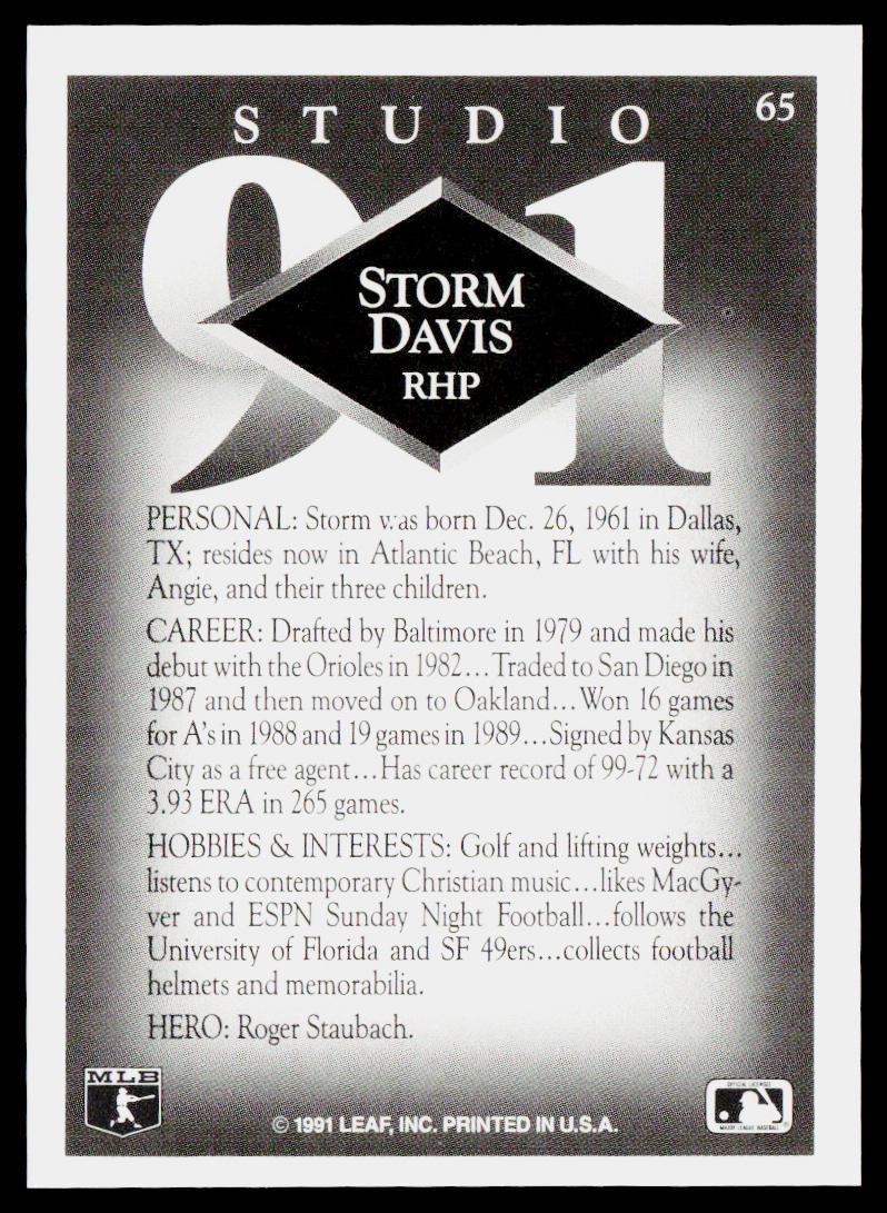 Storm Davis 1991 Studio #65 Kansas City Royals