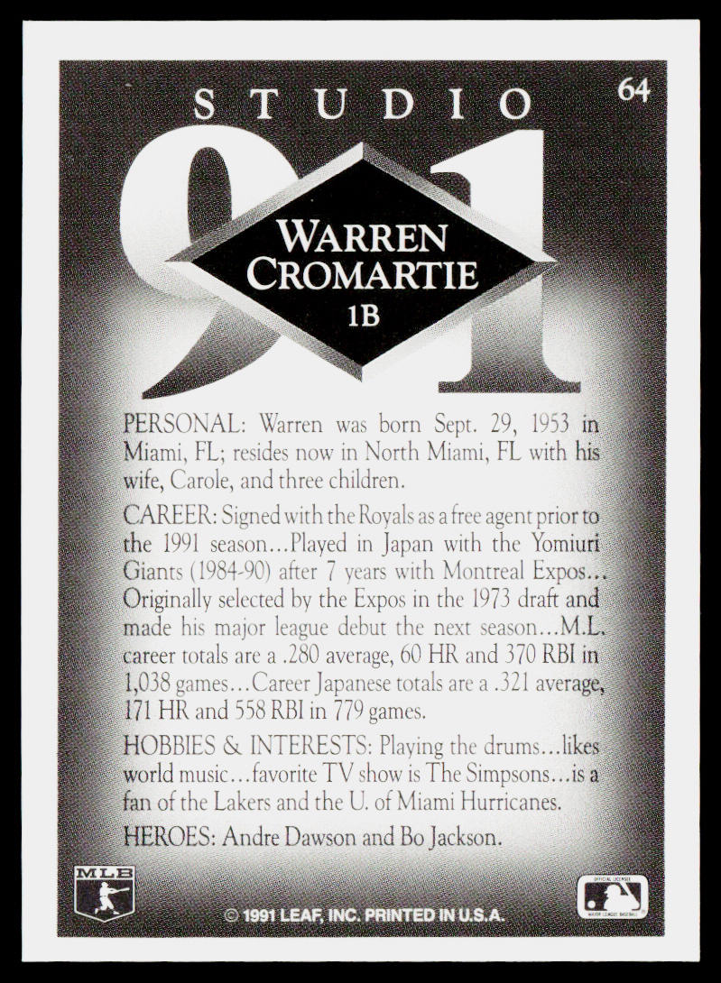 Warren Cromartie 1991 Studio #64 Kansas City Royals
