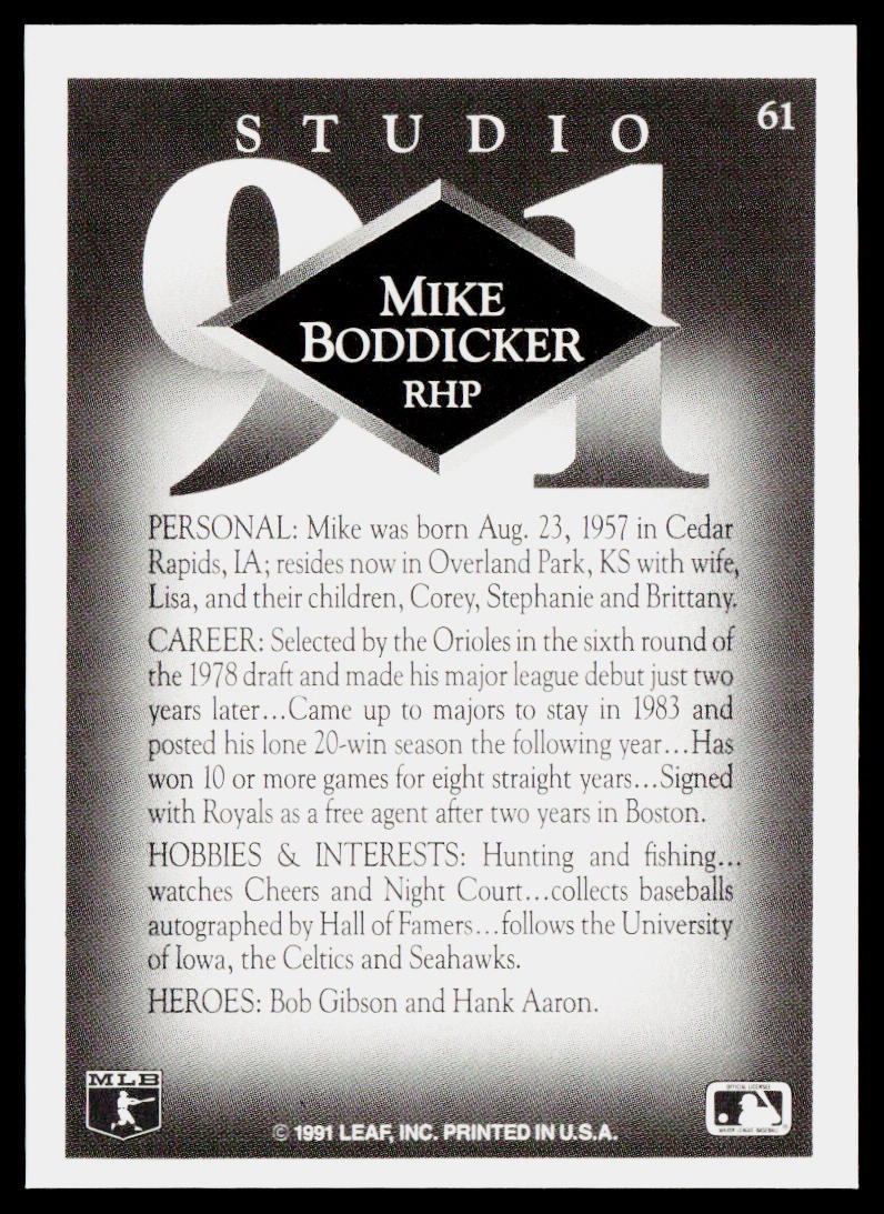 Mike Boddicker 1991 Studio #61 Kansas City Royals