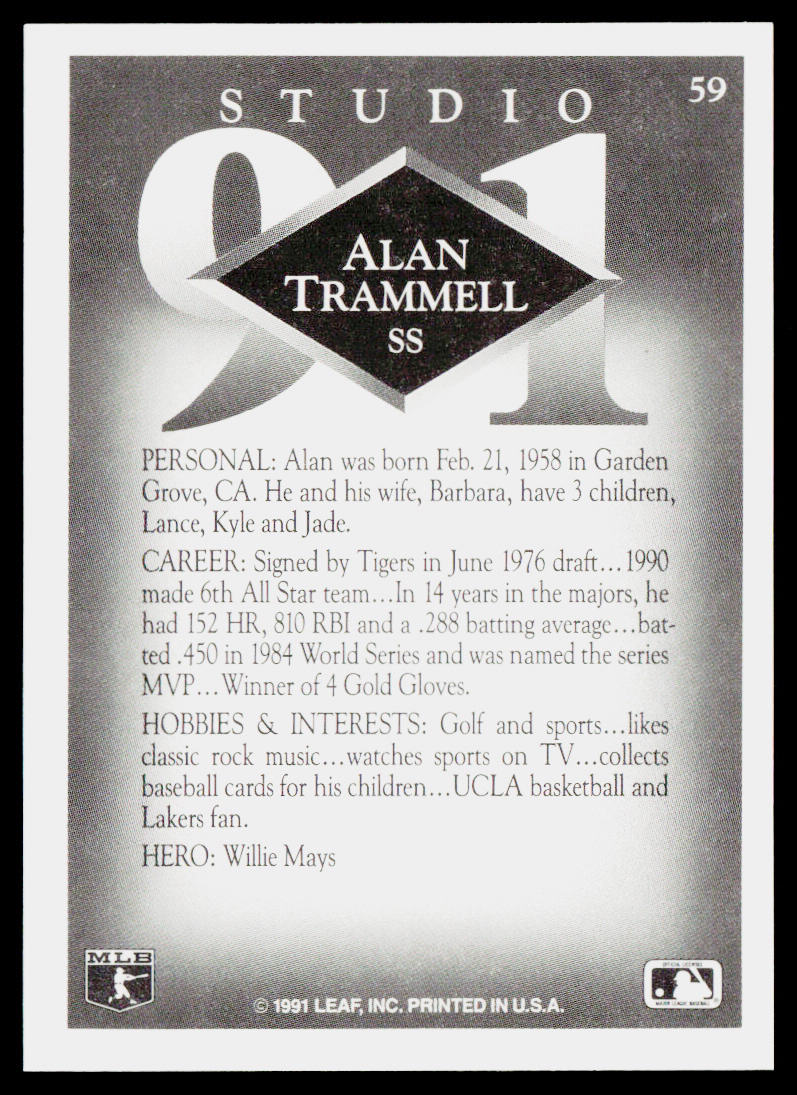 Alan Trammell 1991 Studio #59 Detroit Tigers