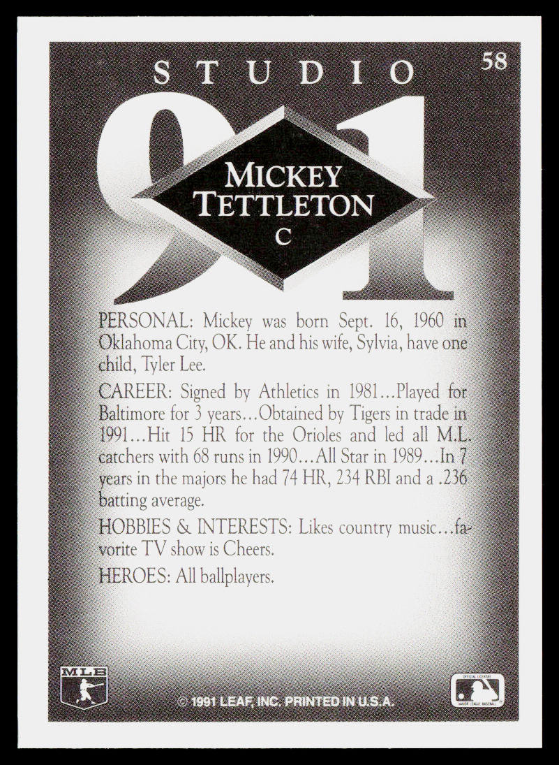 Mickey Tettleton 1991 Studio #58 Detroit Tigers