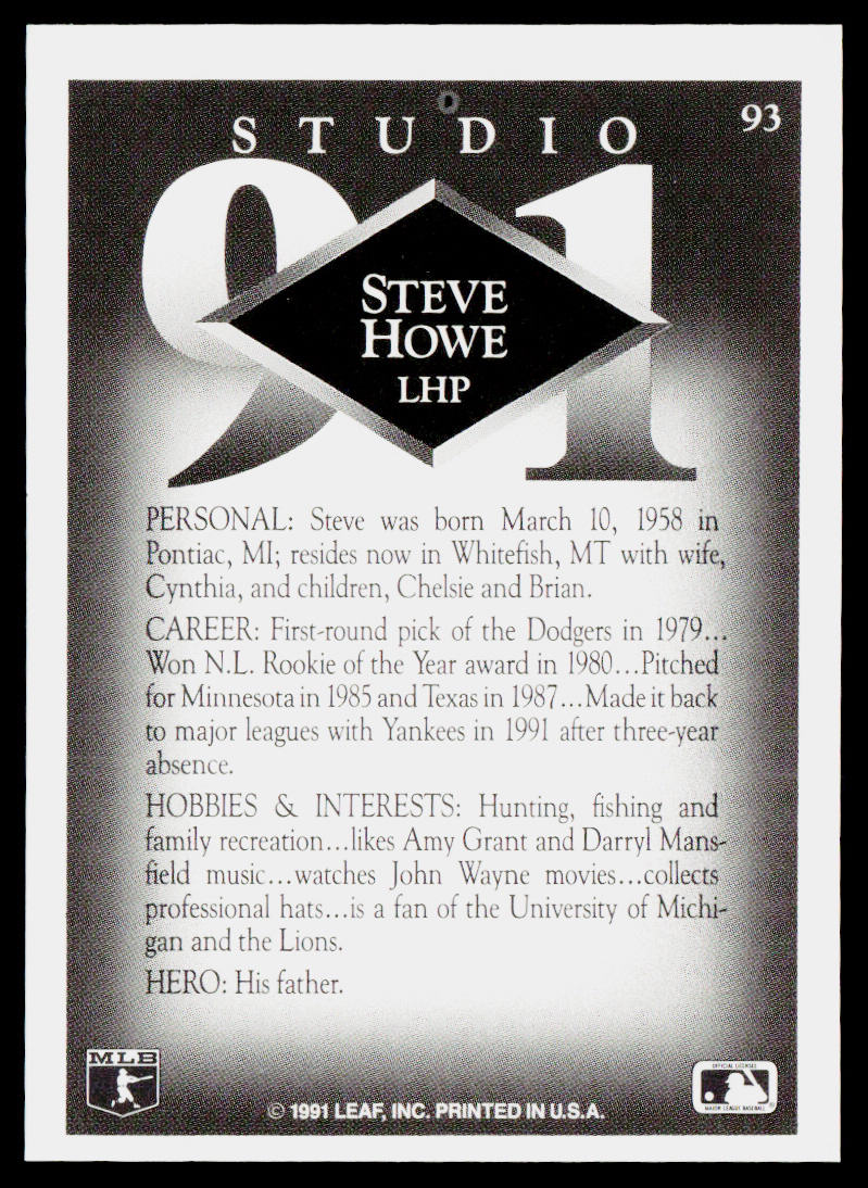 Steve Howe 1991 Studio #93 New York Yankees