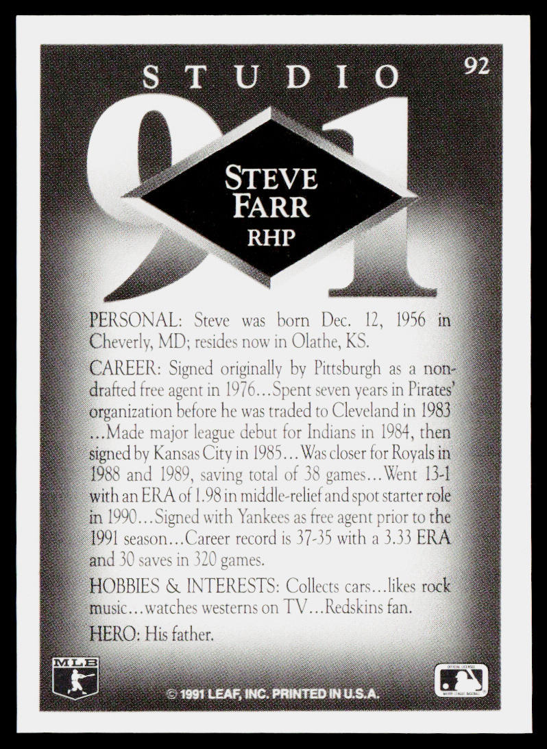 Steve Farr 1991 Studio #92 New York Yankees