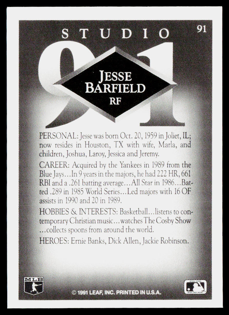 Jesse Barfield 1991 Studio #91 New York Yankees