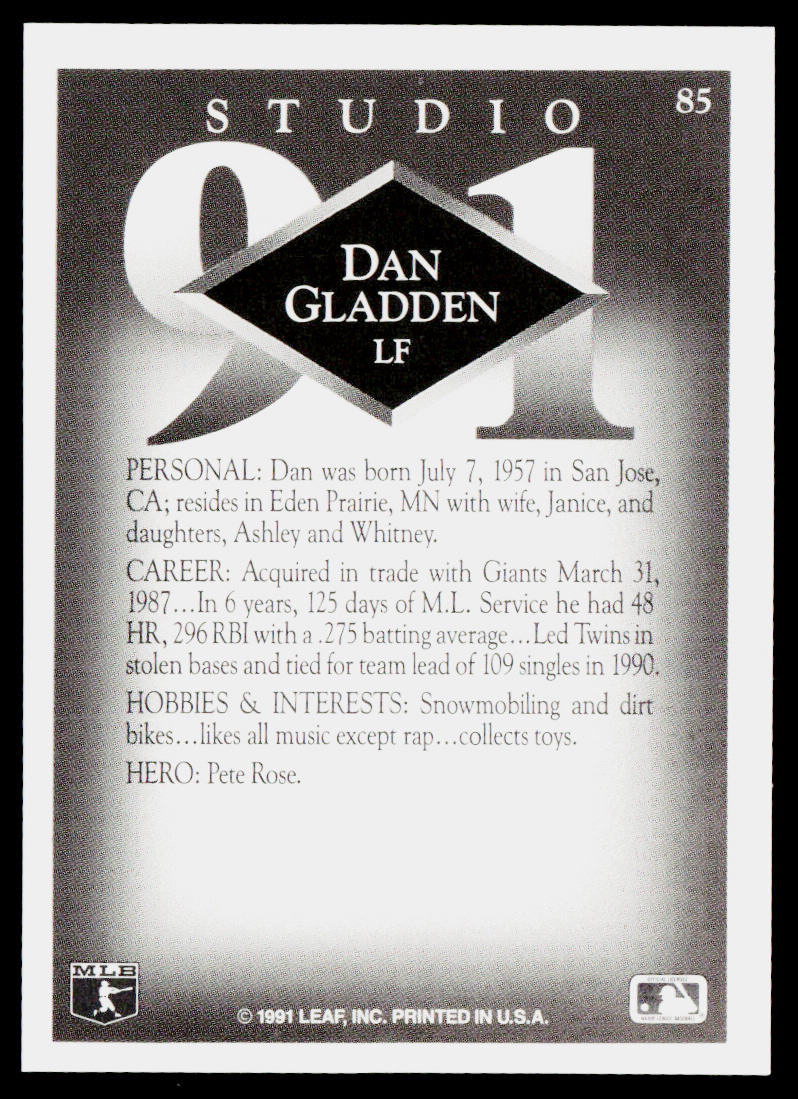 Dan Gladden 1991 Studio #85 Minnesota Twins