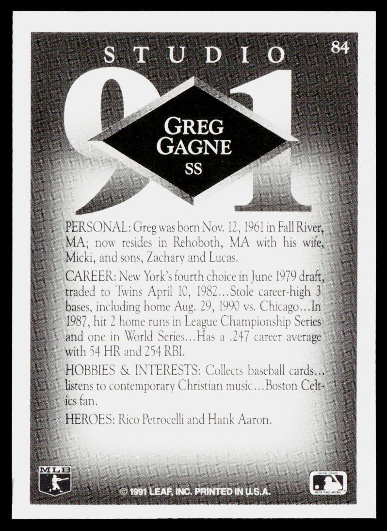 Greg Gagne 1991 Studio #84 Minnesota Twins