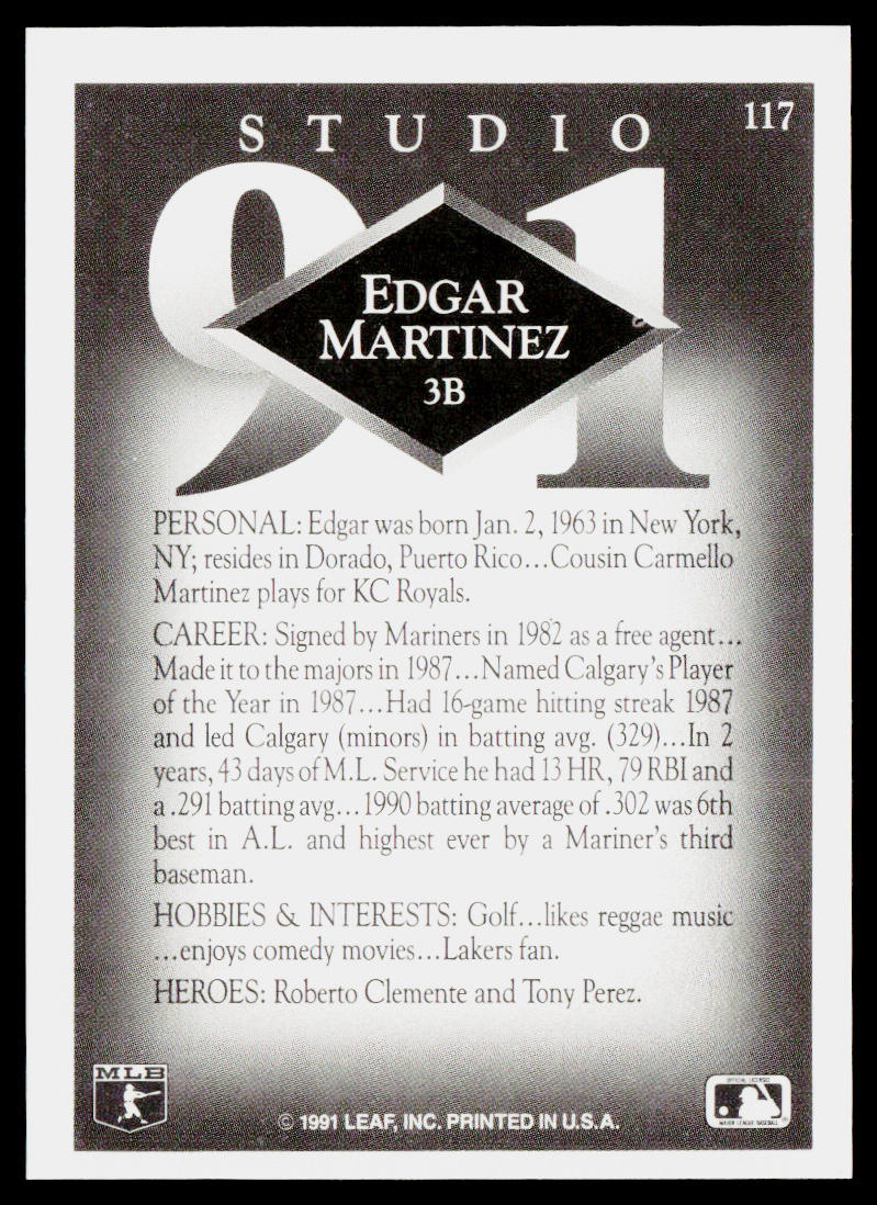 Edgar Martinez 1991 Studio #117 Seattle Mariners