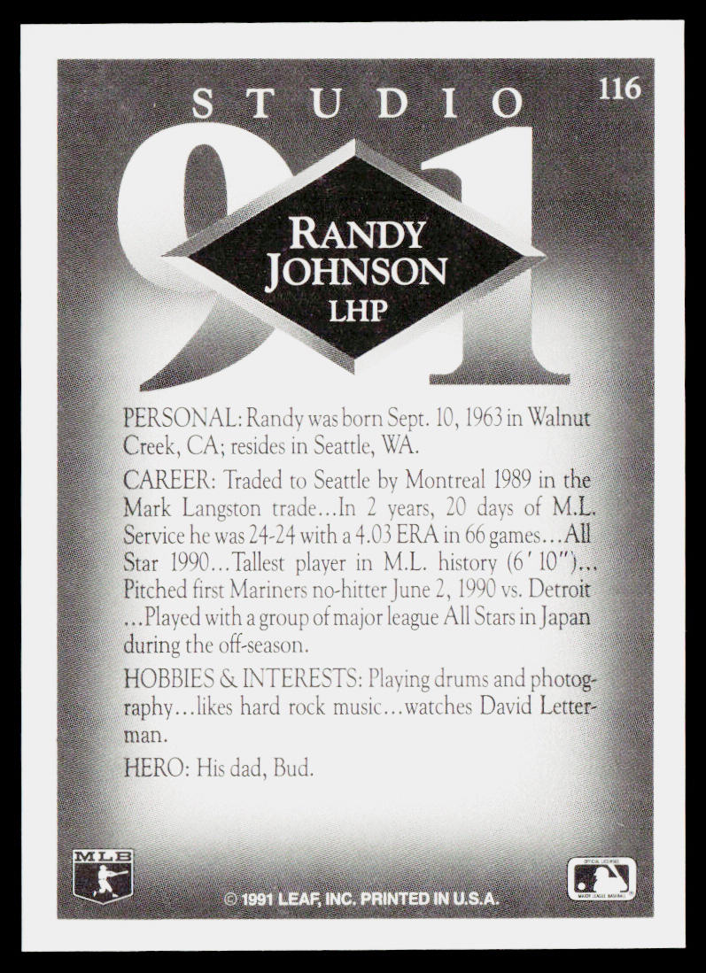 Randy Johnson 1991 Studio #116 Seattle Mariners