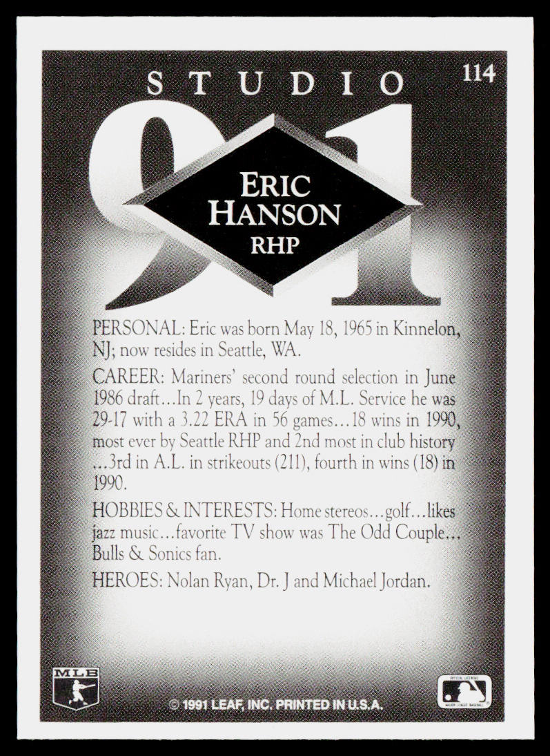 Erik Hanson 1991 Studio #114 Seattle Mariners