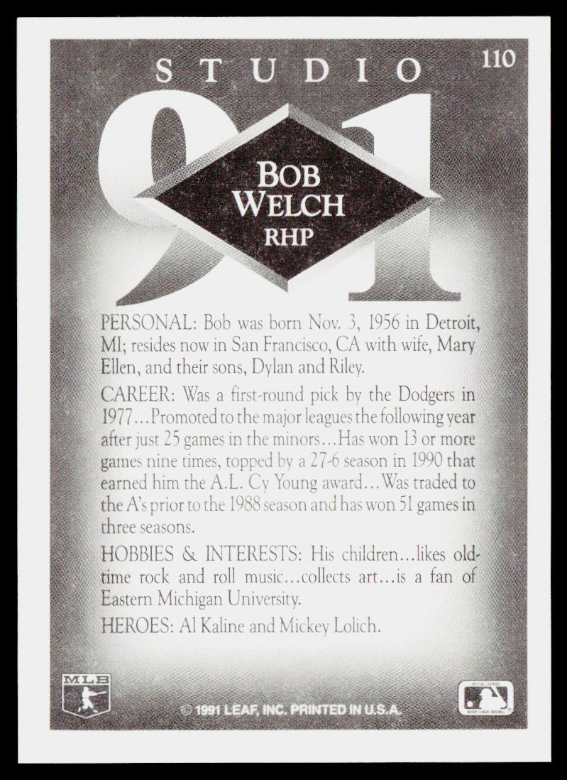 Bob Welch 1991 Studio #110 Oakland Athletics