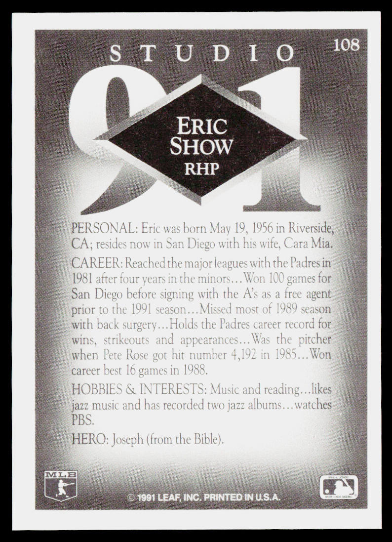 Eric Show 1991 Studio #108 Oakland Athletics