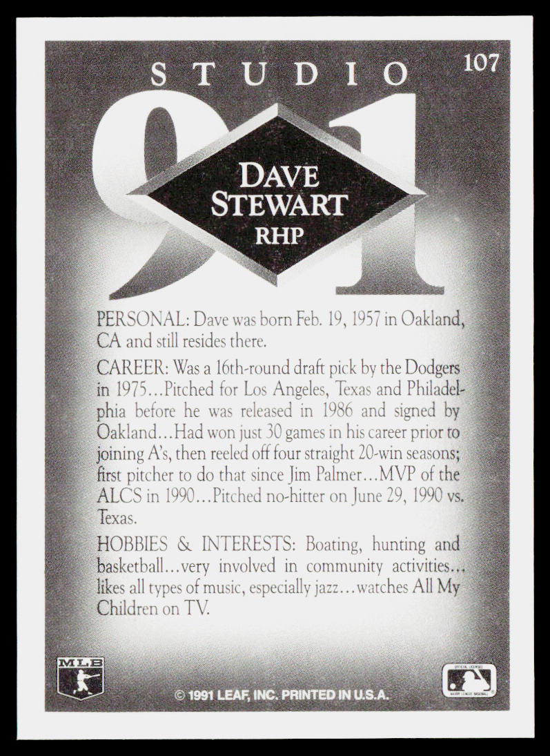 Dave Stewart 1991 Studio #107 Oakland Athletics