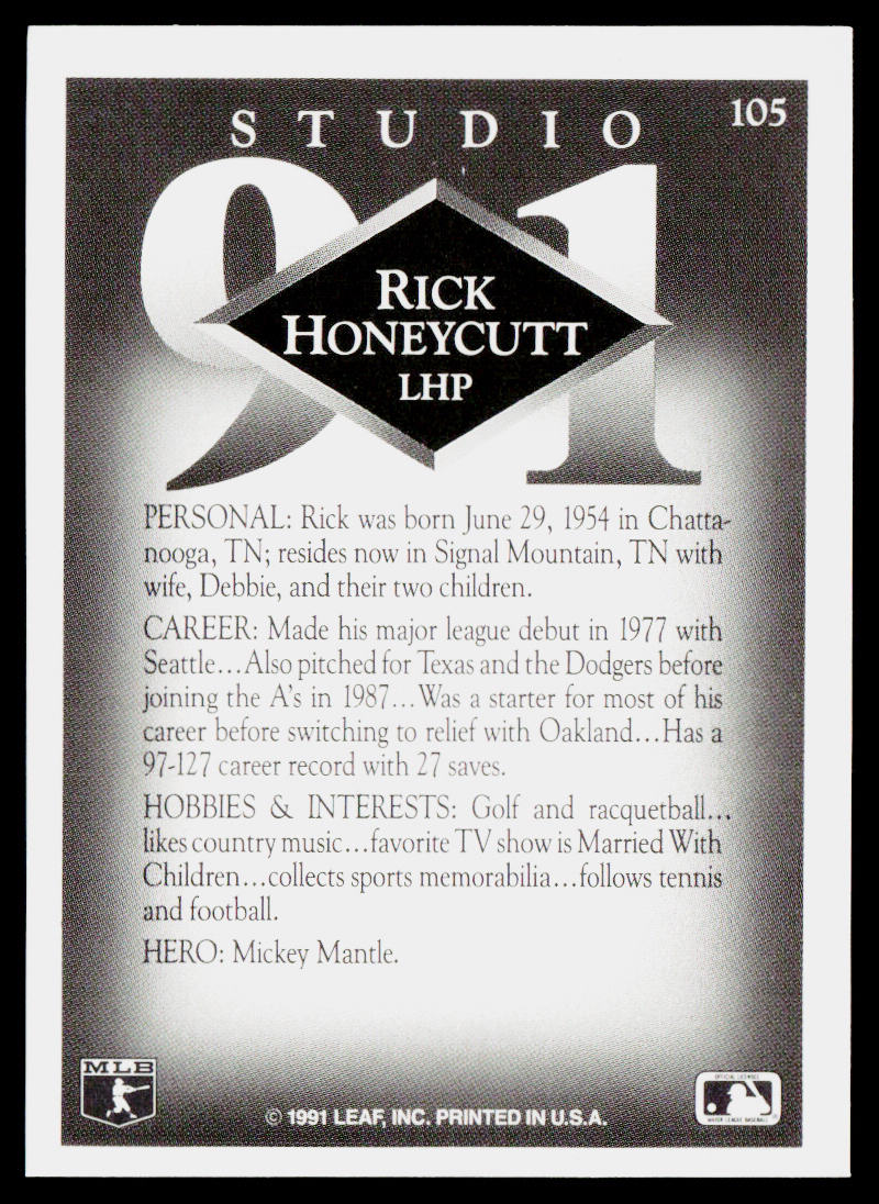 Rick Honeycutt 1991 Studio #105 Oakland Athletics