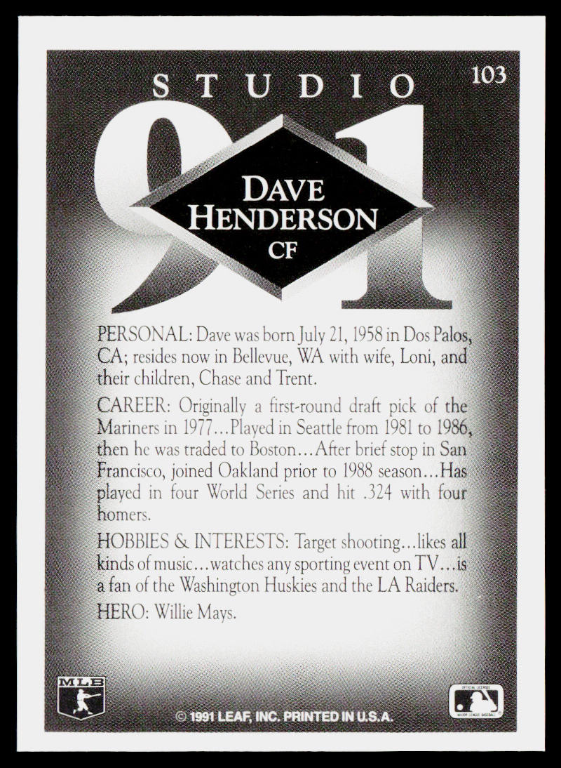 Dave Henderson 1991 Studio #103 Oakland Athletics