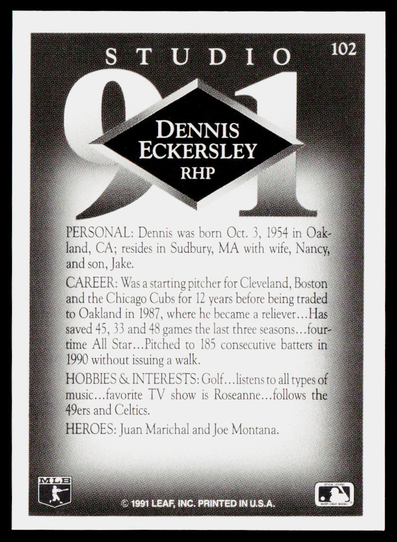 Dennis Eckersley 1991 Studio #102 Oakland Athletics