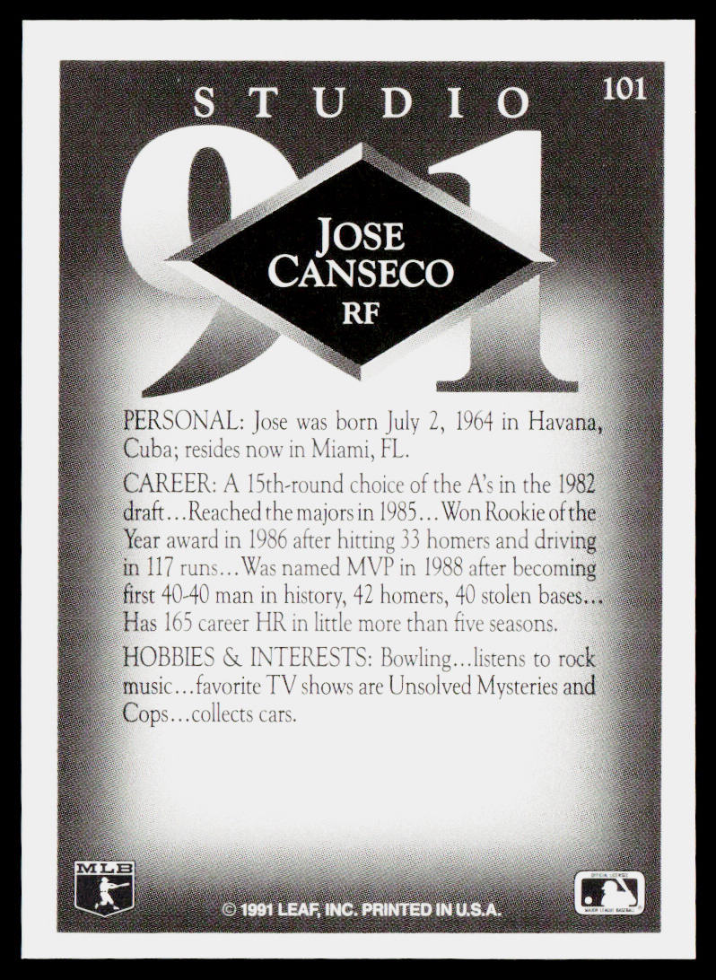 Jose Canseco 1991 Studio #101 Oakland Athletics