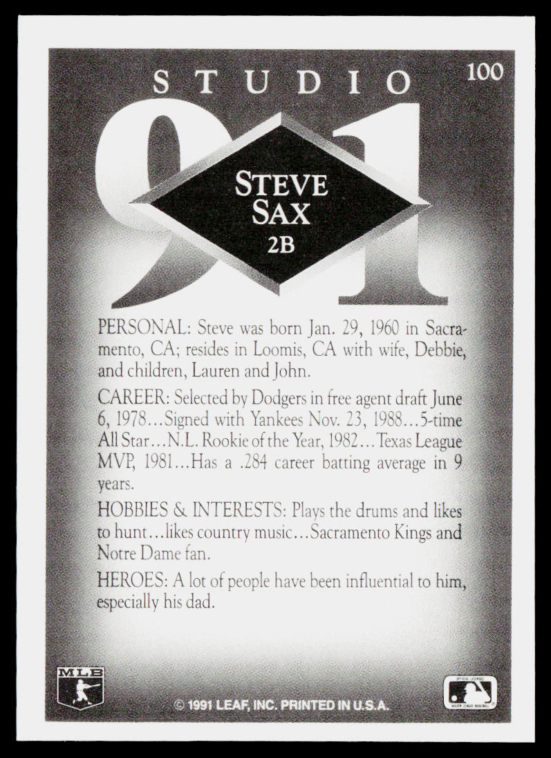 Steve Sax 1991 Studio #100 New York Yankees