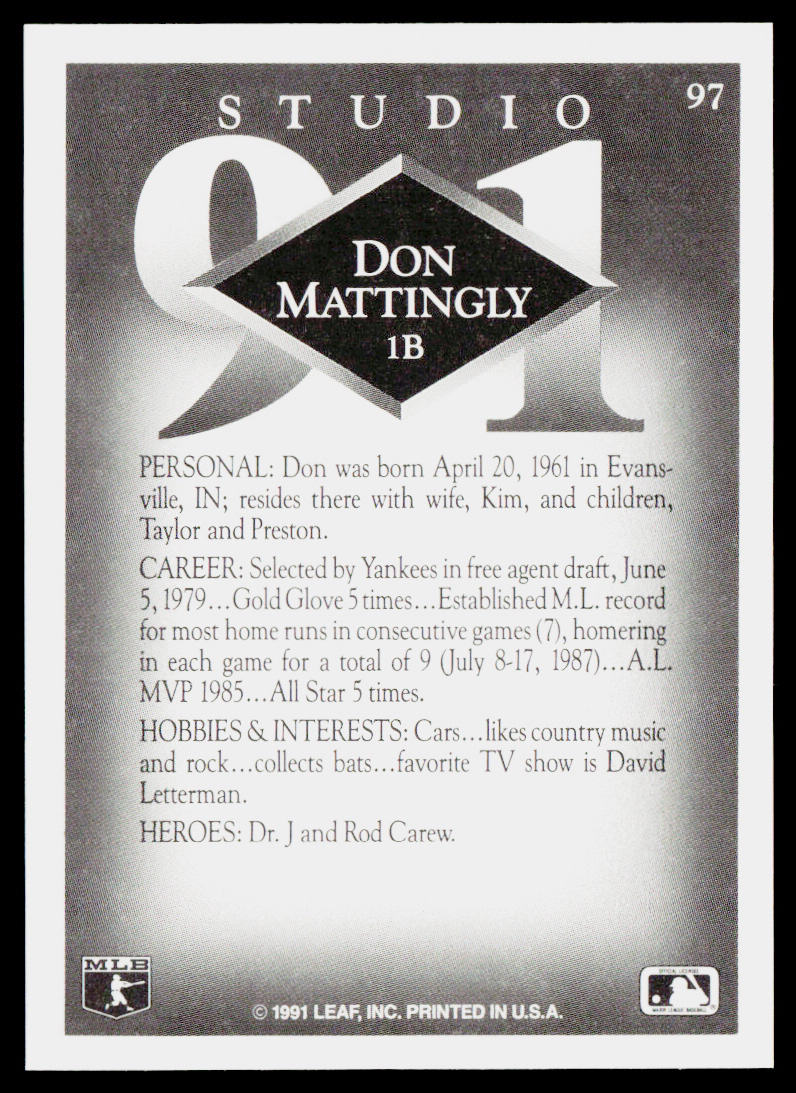 Don Mattingly 1991 Studio #97 New York Yankees