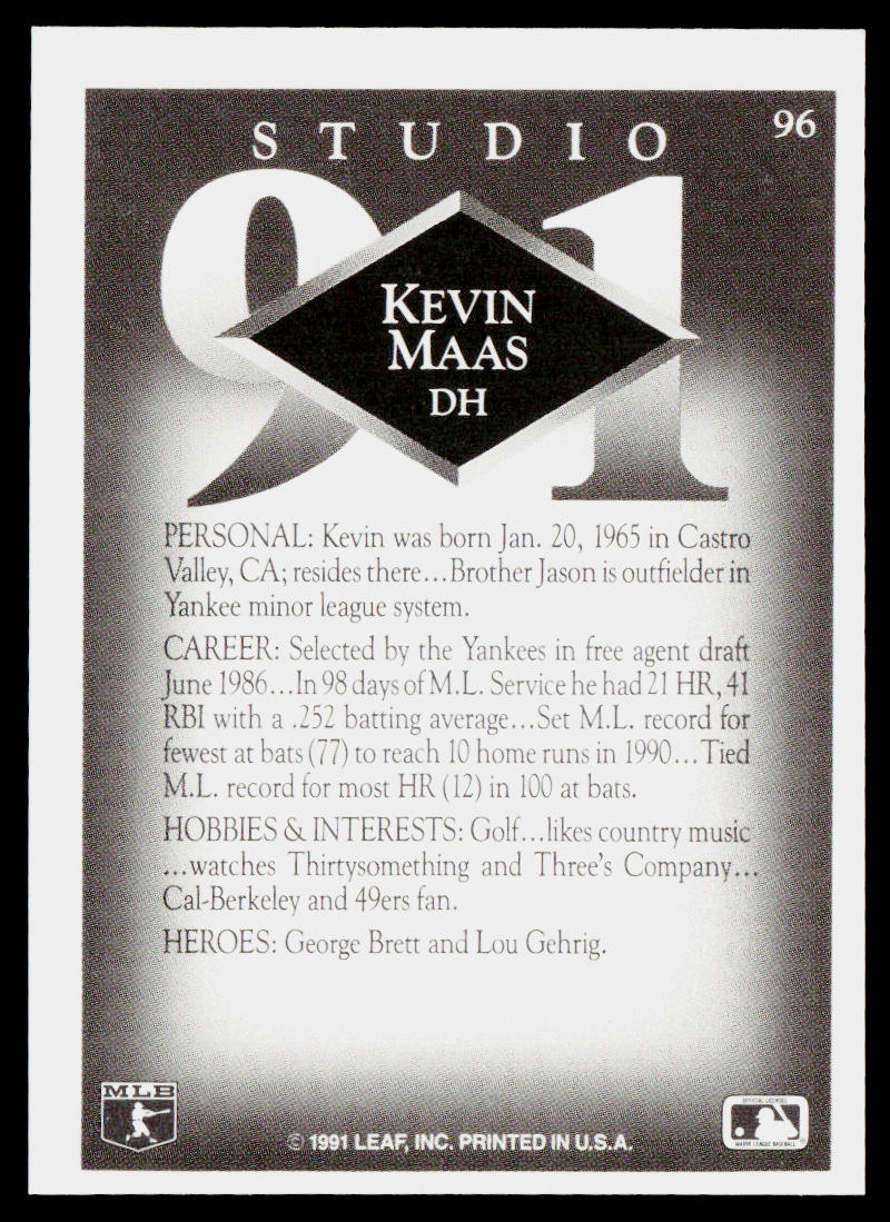 Kevin Maas 1991 Studio #96 New York Yankees