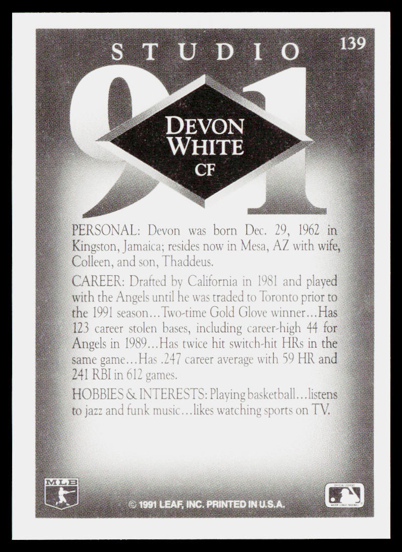 Devon White 1991 Studio #139 Toronto Blue Jays