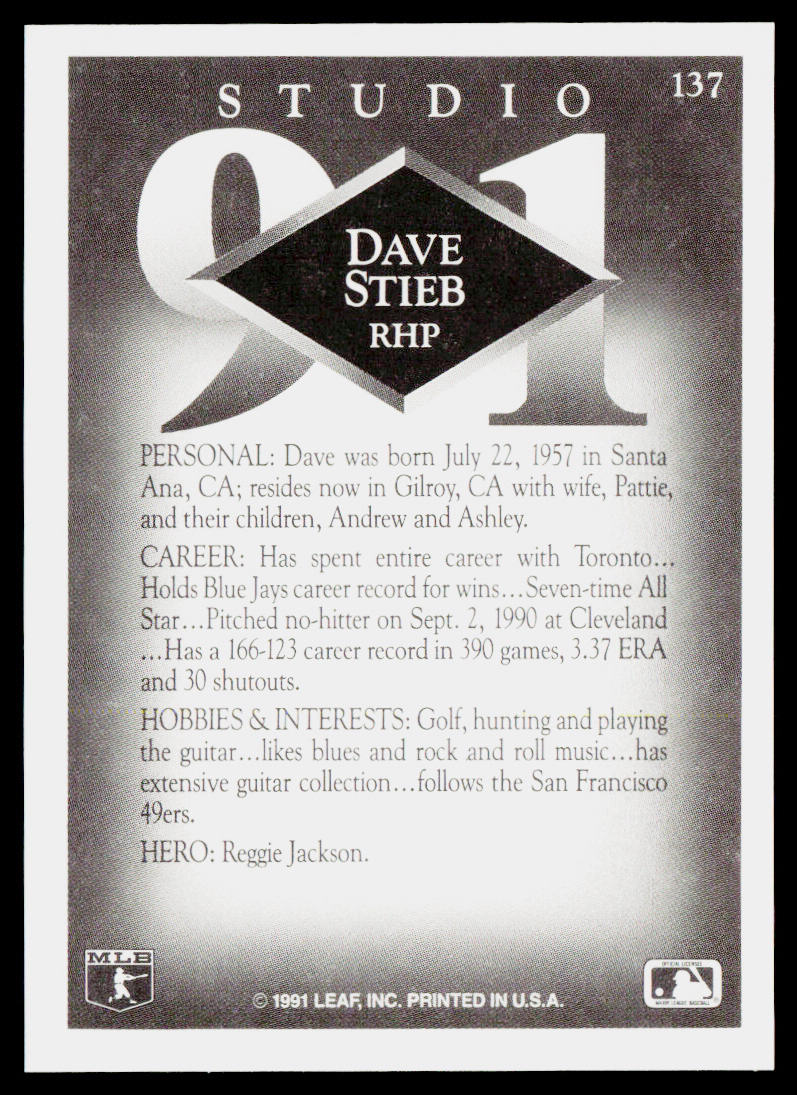 Dave Stieb 1991 Studio #137 Toronto Blue Jays