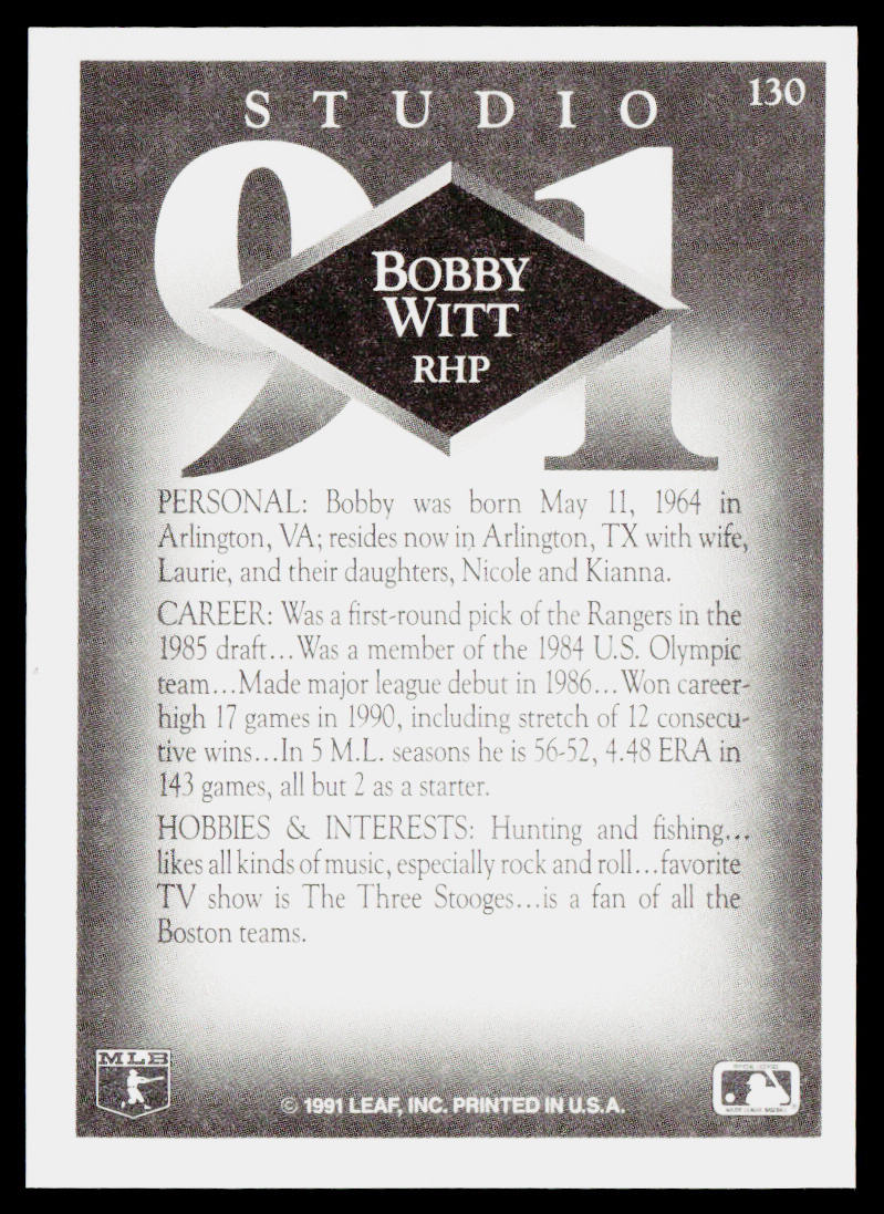 Bobby Witt 1991 Studio #130 Texas Rangers