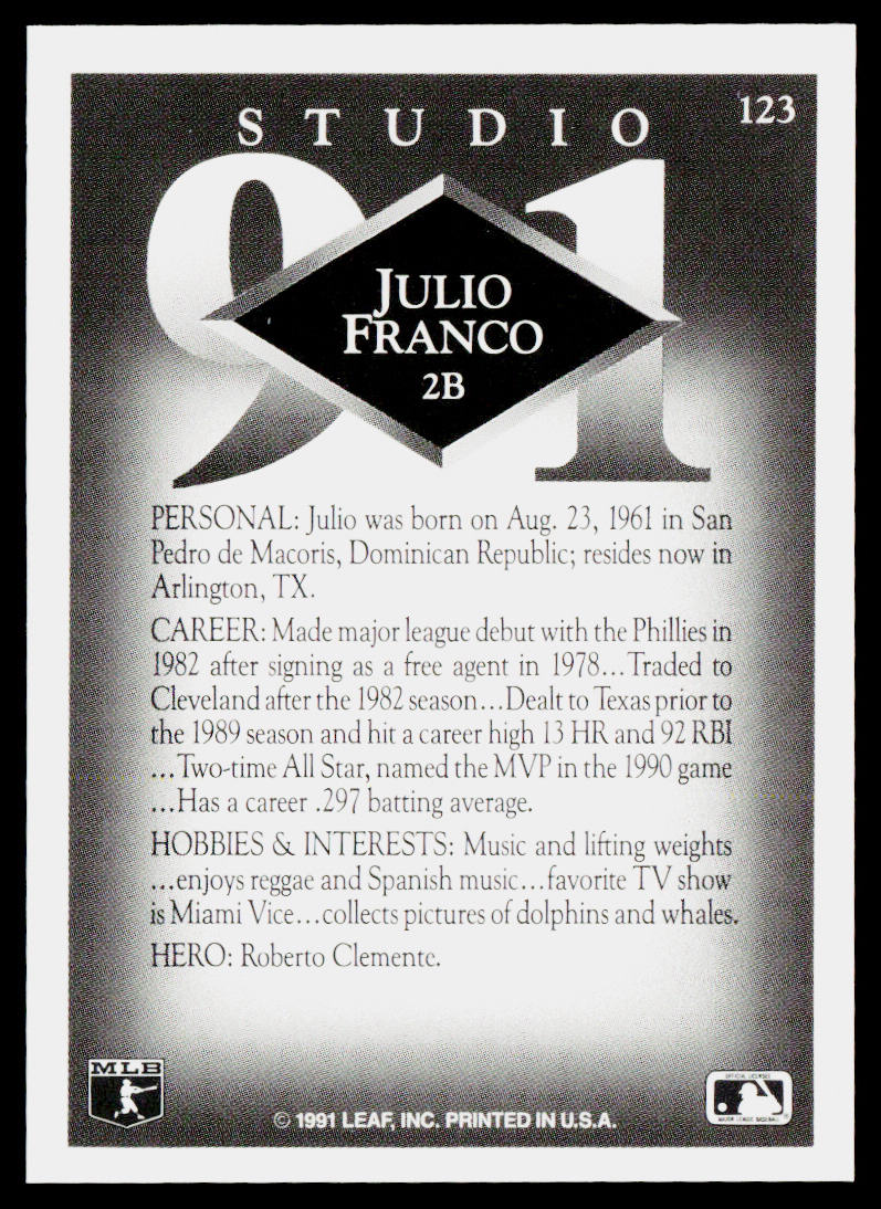 Julio Franco 1991 Studio #123 Texas Rangers