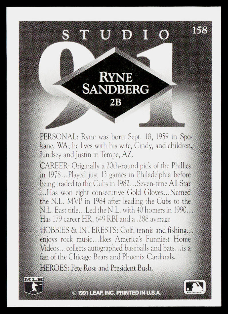 Ryne Sandberg 1991 Studio #158 Chicago Cubs