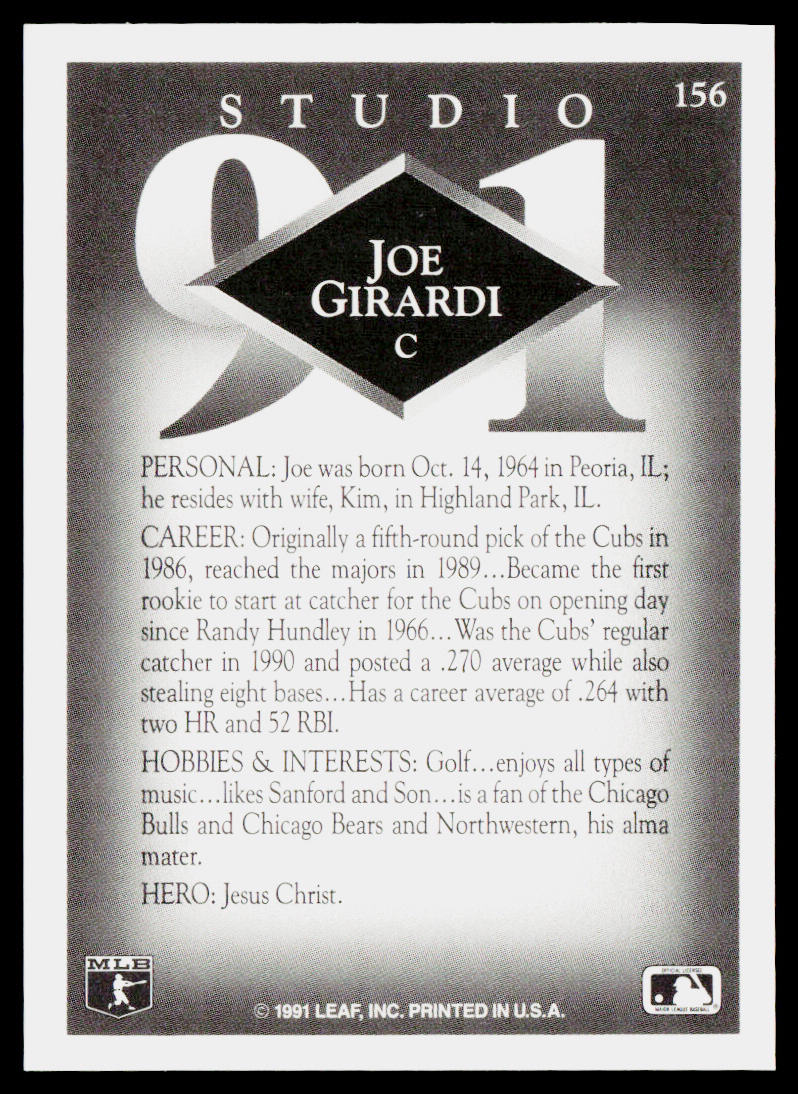 Joe Girardi 1991 Studio #156 Chicago Cubs