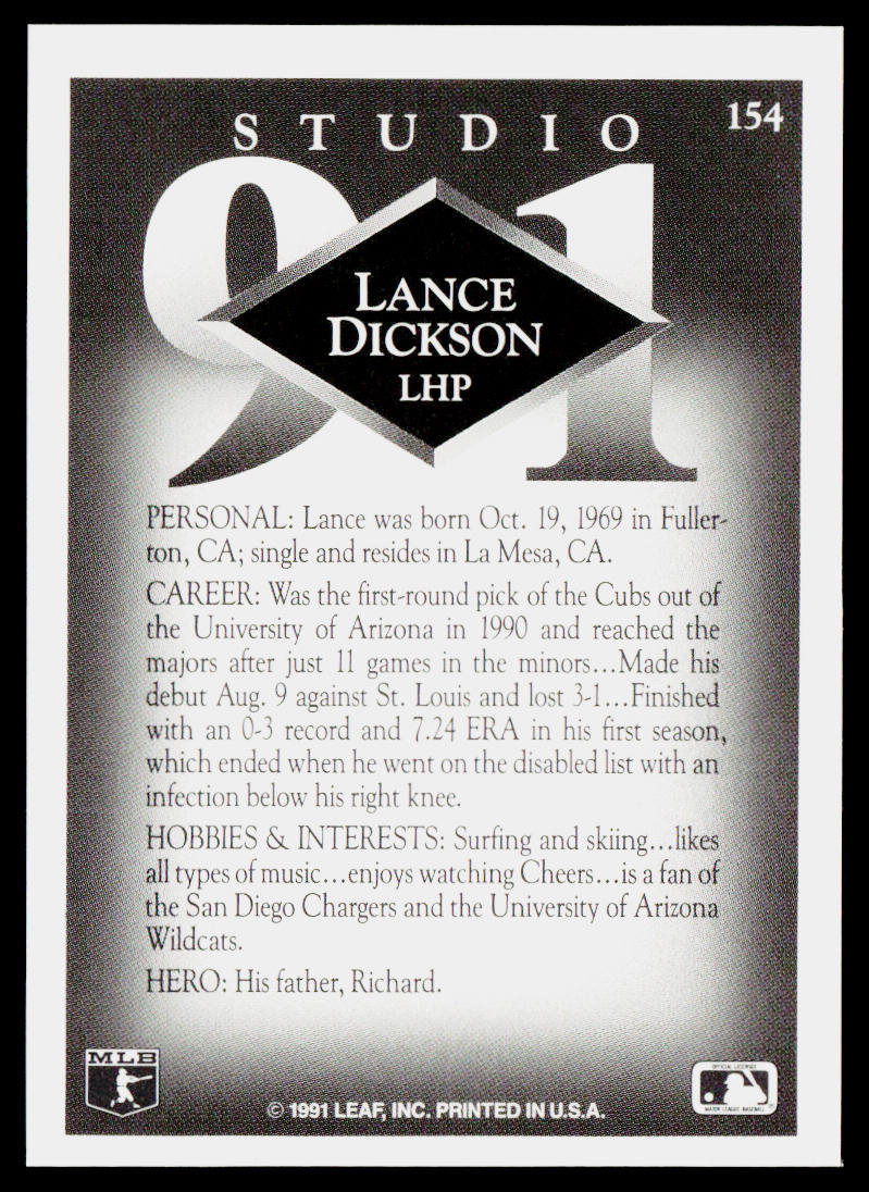 Lance Dickson 1991 Studio #154 RC Chicago Cubs