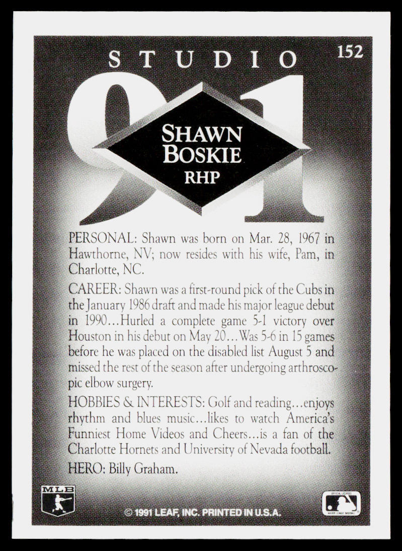 Shawn Boskie 1991 Studio #152 Chicago Cubs