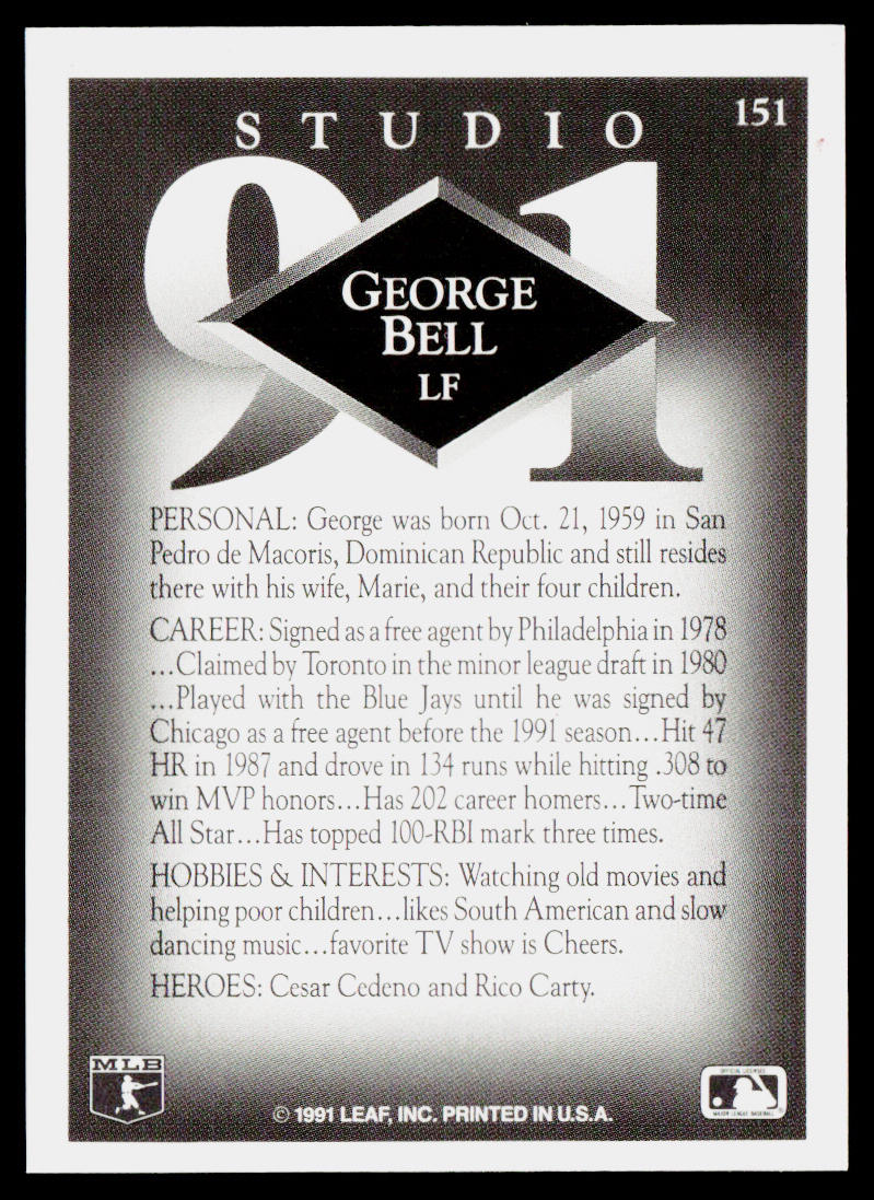 George Bell 1991 Studio #151 Chicago Cubs